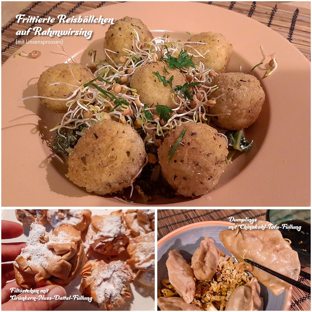 Vegetarische Gerichte, oben: frittierte Reisbällchen, unten links Filo-Taschen mit Nussfüllung und rechts unten Dumplings mit Chinakohl-Tofu-Füllung