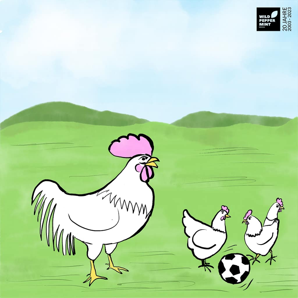 Illustration lustige Hühner, Hühnerfußball