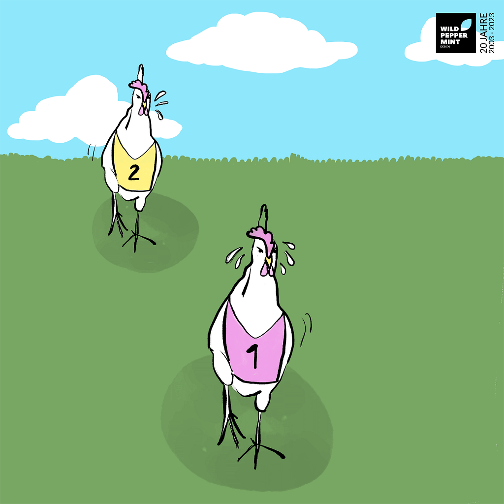 Illustration lustige Hühner, Hühnerrennen