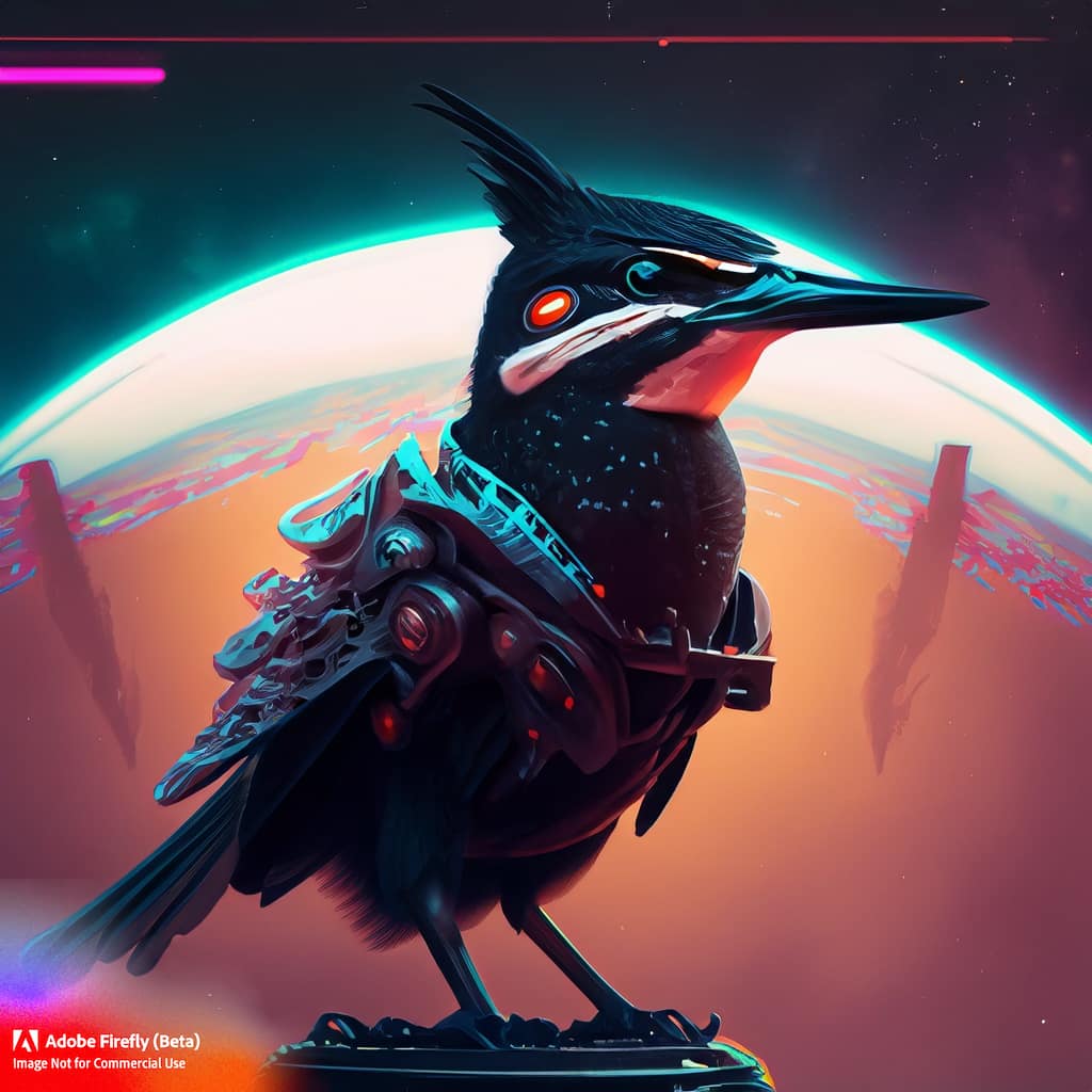 Eisvogel im futuristischen Look, erzeugt mit AI Generator Adobe Firefly
