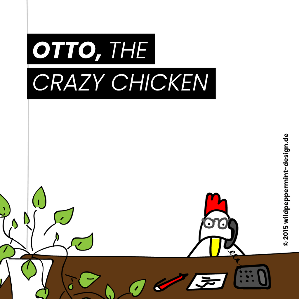 Illustration comic Stil, lustiges Huhn am Schreibtisch beim Telefonieren, zum Lachen