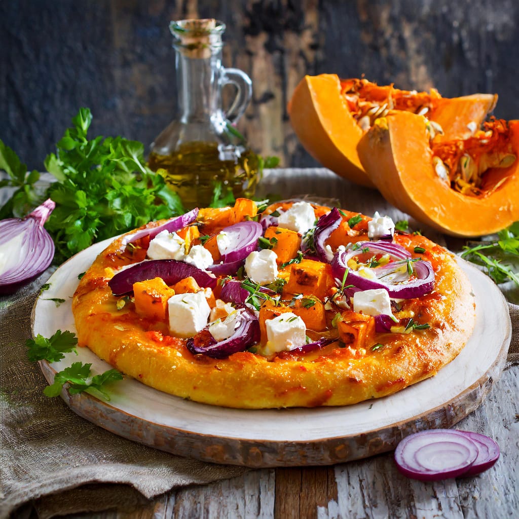 Kürbis Flammkuchen Pizza mit Feta und roten Zwiebeln, erstellt mit Adobe Firefly