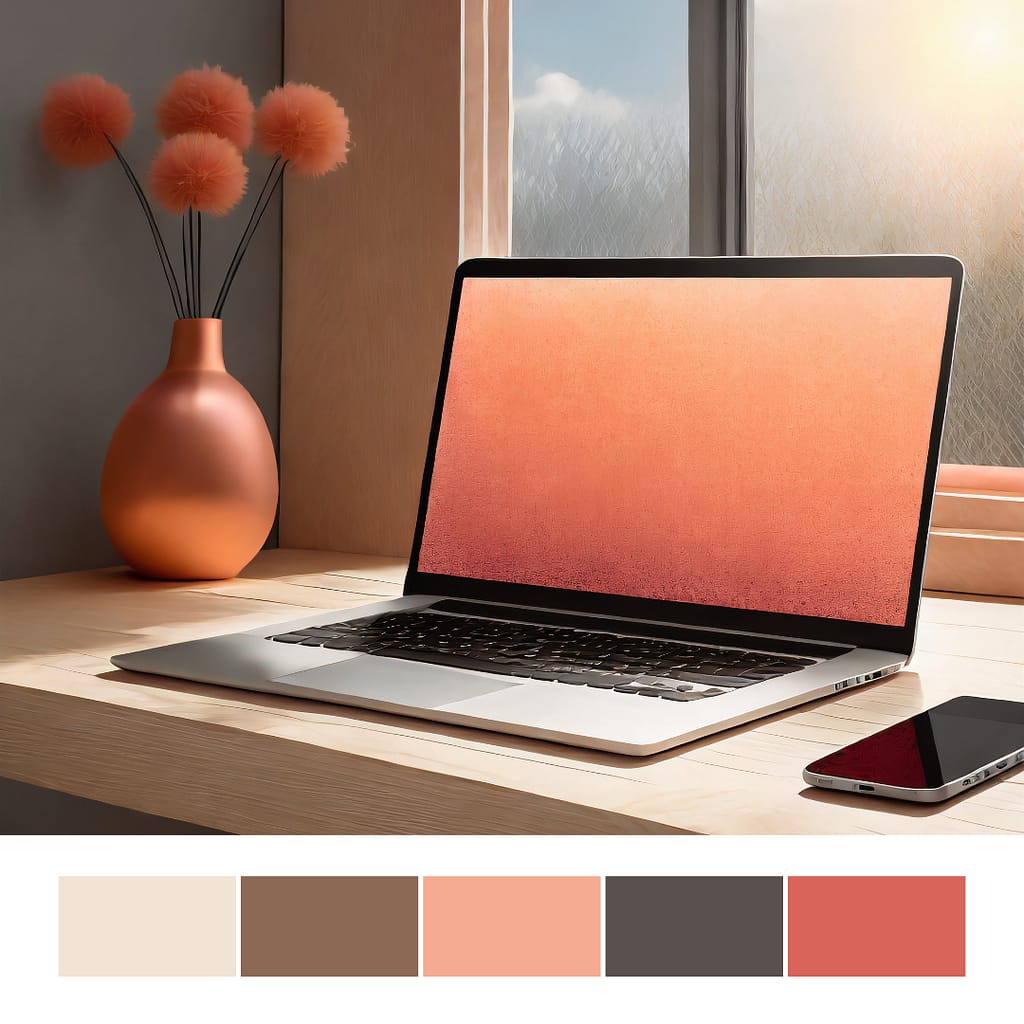 Farbpalette mit Pantone Farbe Peach Fuzz, warme, kontrastreiche Farben