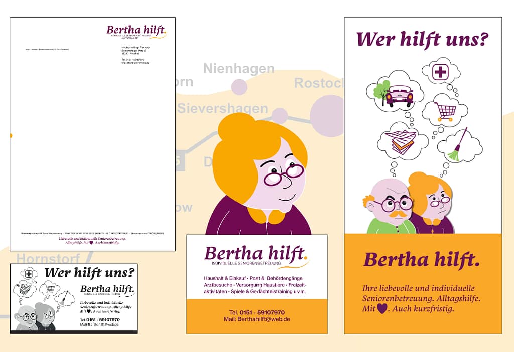 Branddesign Senioren- und Alltagshilfe, Illustration Senioren Comicstil