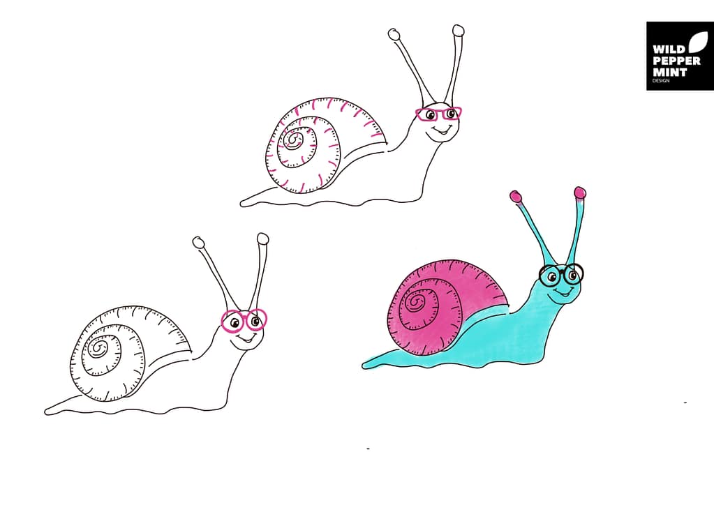 Erste Skizzen für eine Schnecke als Maskottchen, als Sympathieträger für den Einsatz in Online- und Printwerbung, gezeichnet mit dem iPad und Procreate