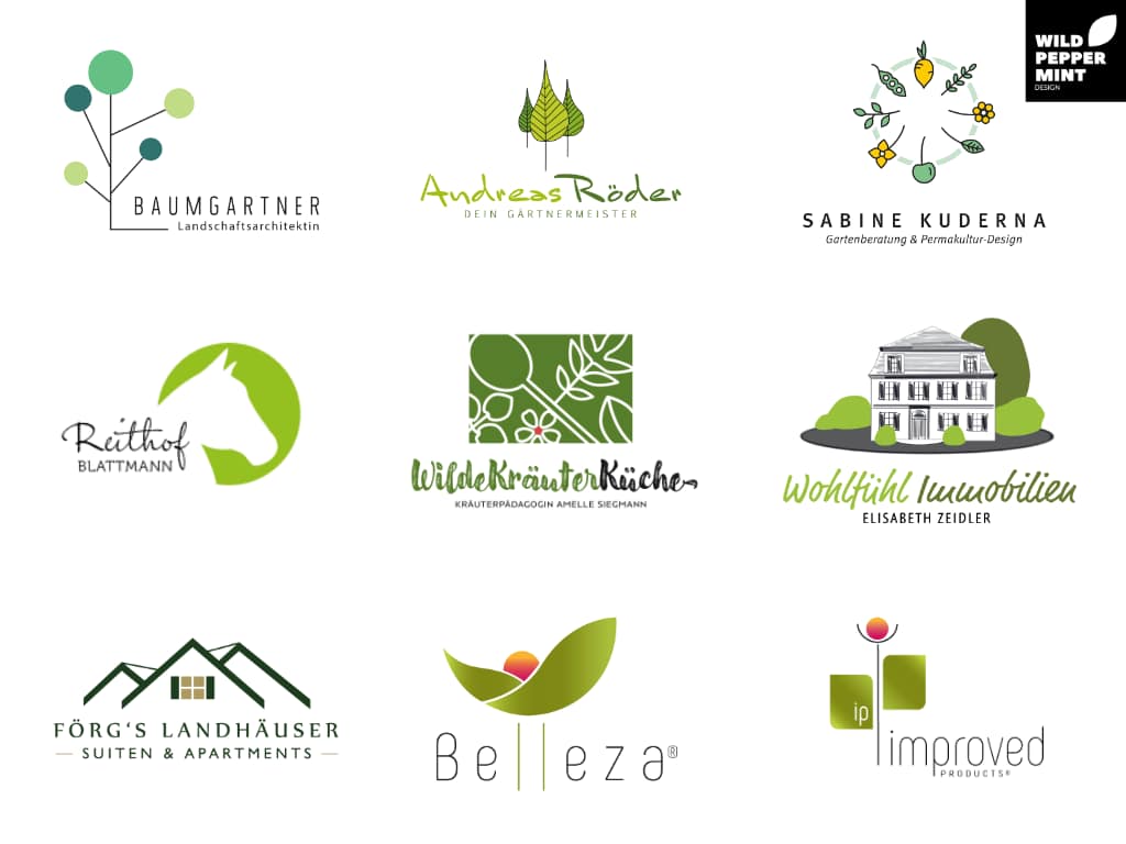 grüne Logos, Logo Gartenbau, Logo Permakulutr, Logo Reithof, Logo Wildkräuter, Logo Immobilien, Logo Ferienwohnungen, Logo Pflanzen, Logos © by wildpeppermint-design