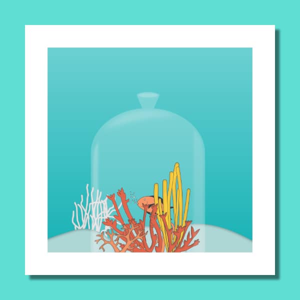 Natur Illustration, im Meer, Korallen, einsa,mer Fisch unter einer Glasglocke, digitale Illustration, grafische Illustration, Umweltschutz Illustration, Naturschutz Illustration
