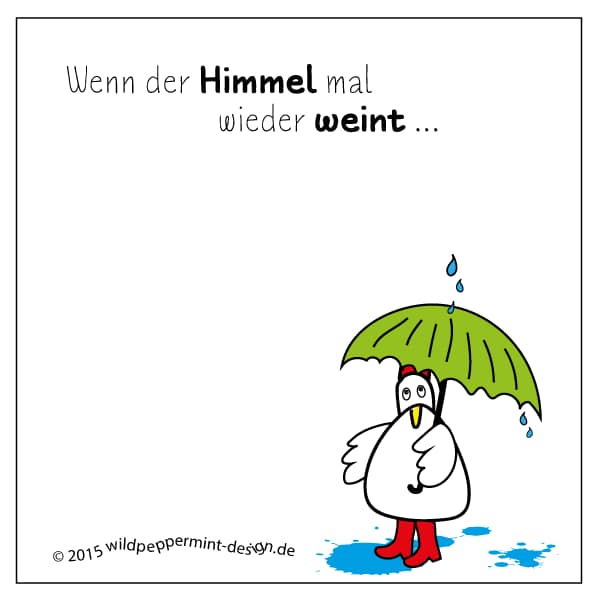 Lustiges Comic Huhn im Regen mit Gummistiefeln, Lachen ist gesund