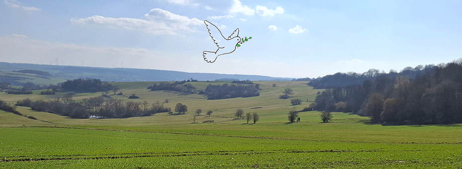 Weite Landschaft im Vorfrühling, Blick ins Tal, Blauer Himmel, friedliche Stimmung